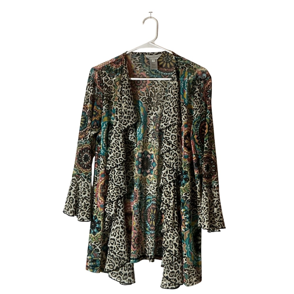 Multiples Boho Leopard Mandala Cardigan Women S Multi Color Ruffle Bell Sleeves